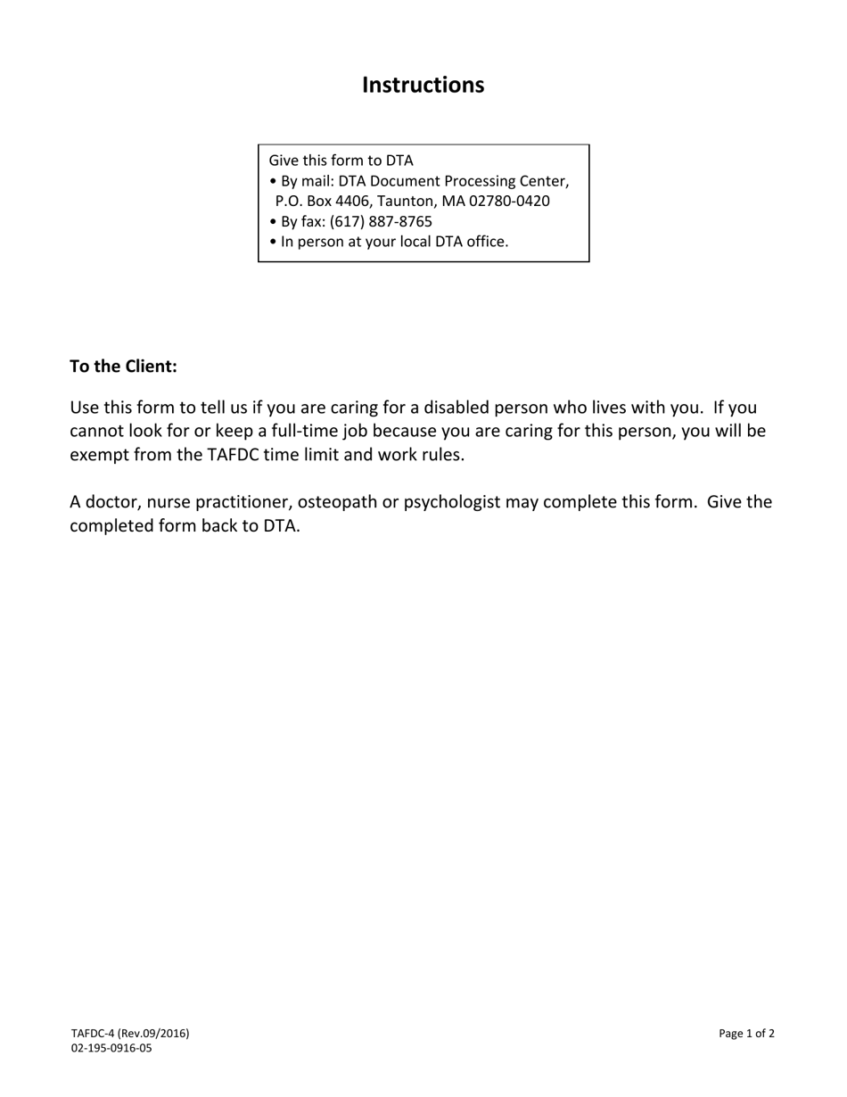 Form TAFDC-4 Verification of Caring for the Disabled - Massachusetts, Page 1