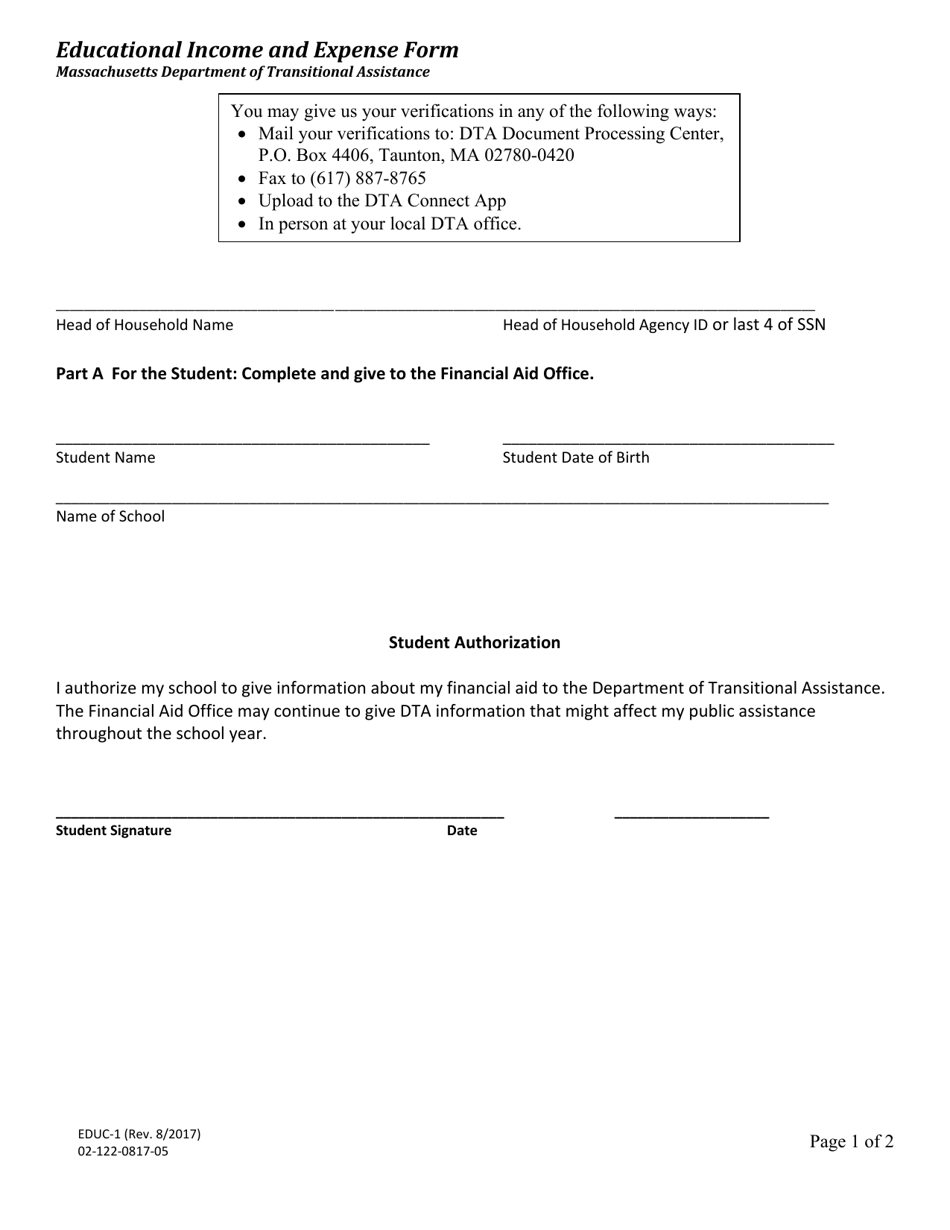 Form EDUC-1 Educational Income and Expense Form - Massachusetts, Page 1