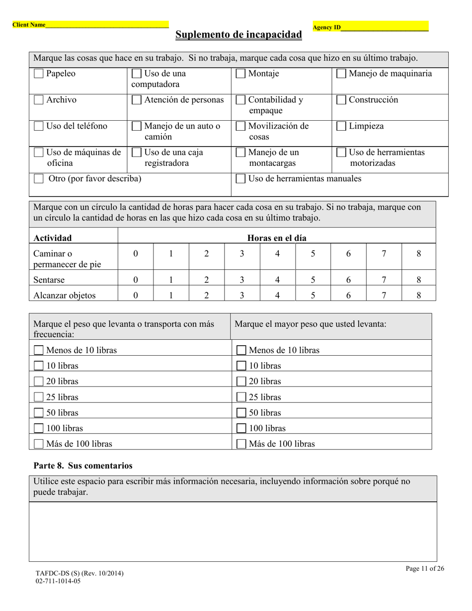 Formulario TAFDS-DS Asistencia Transitoria Para Familias Con Hijos Dependientes Suplemento De Incapacidad - Massachusetts (Spanish), Page 11