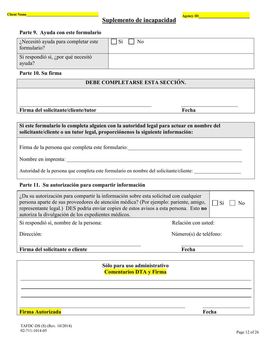 Formulario TAFDS-DS Asistencia Transitoria Para Familias Con Hijos Dependientes Suplemento De Incapacidad - Massachusetts (Spanish), Page 12
