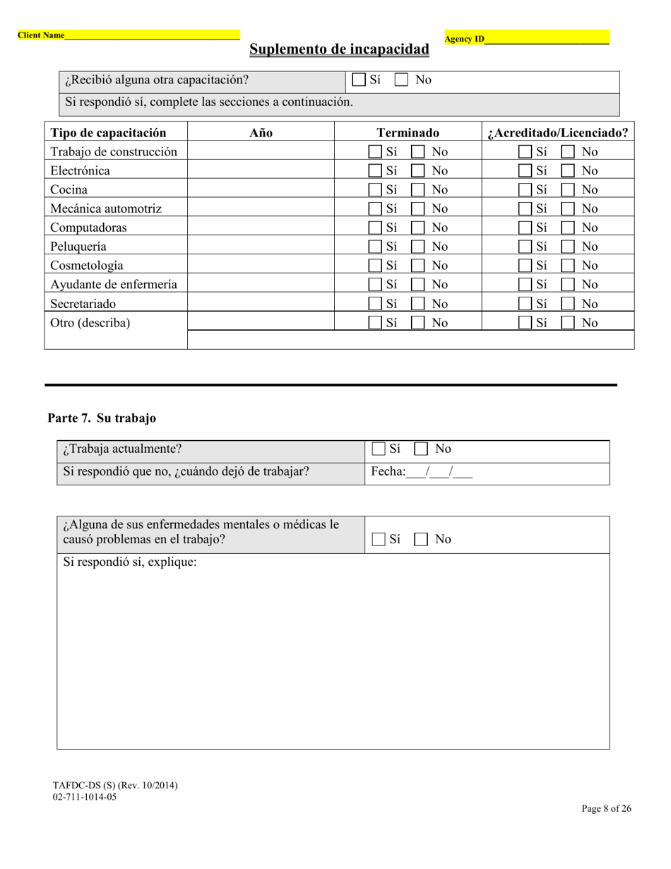Formulario TAFDS-DS Asistencia Transitoria Para Familias Con Hijos Dependientes Suplemento De Incapacidad - Massachusetts (Spanish), Page 8