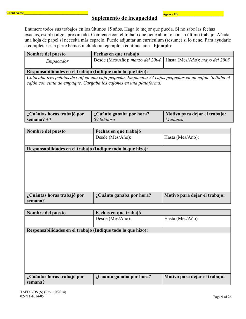 Formulario TAFDS-DS Asistencia Transitoria Para Familias Con Hijos Dependientes Suplemento De Incapacidad - Massachusetts (Spanish), Page 9