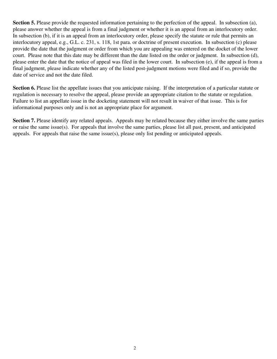 Civil Docketing Statement - Massachusetts, Page 2