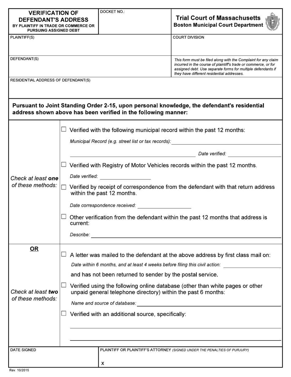 Verification of Defendants Address by Plaintiff in Trade or Commerce or Pursuing Assigned Debt - Boston, Massachusetts, Page 1