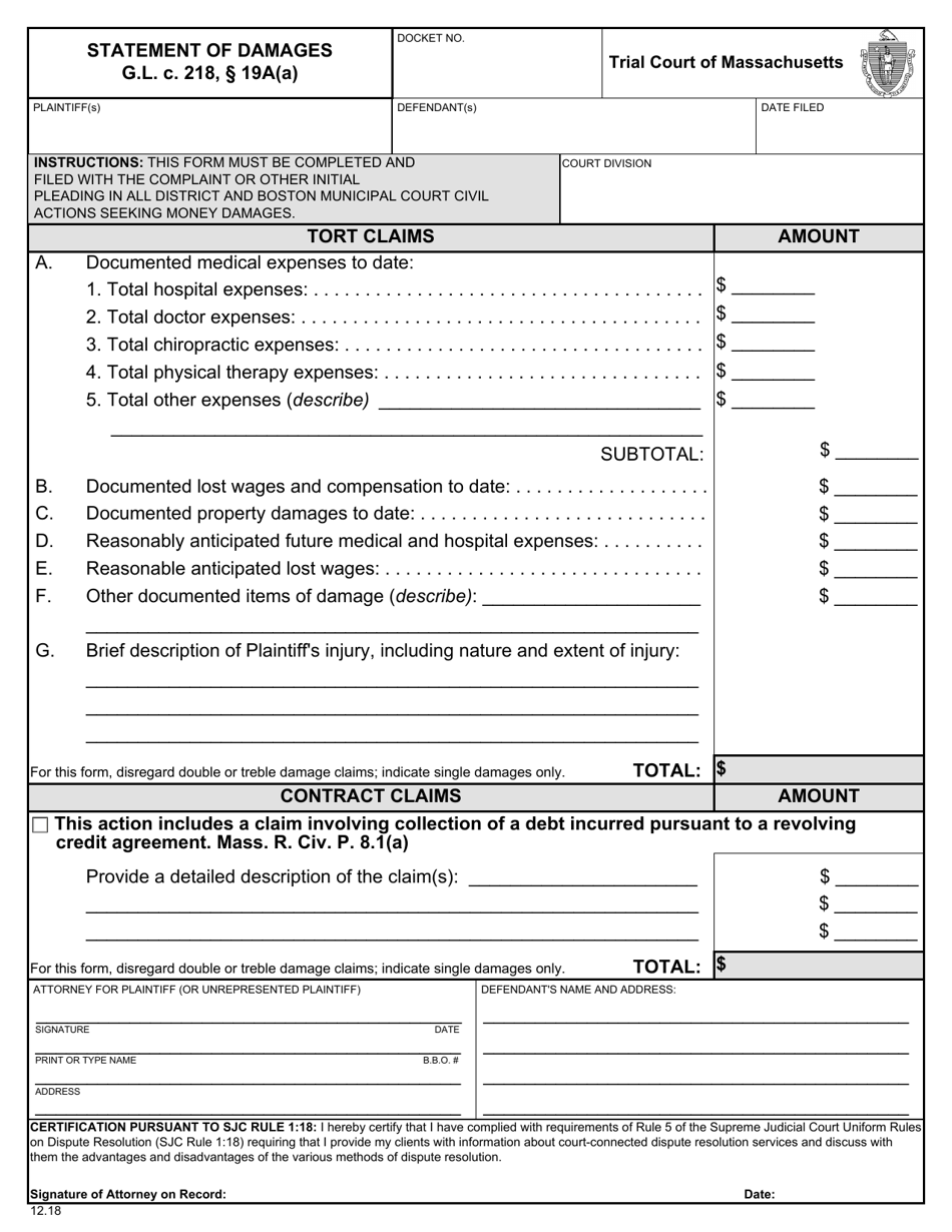 Massachusetts statement of damages fill out sign online and download