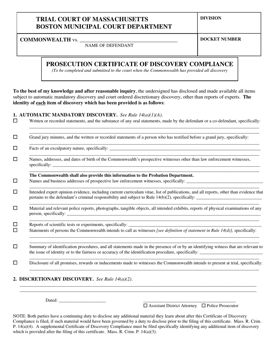 Prosecution Certificate of Discovery Compliance - Boston, Massachusetts, Page 1