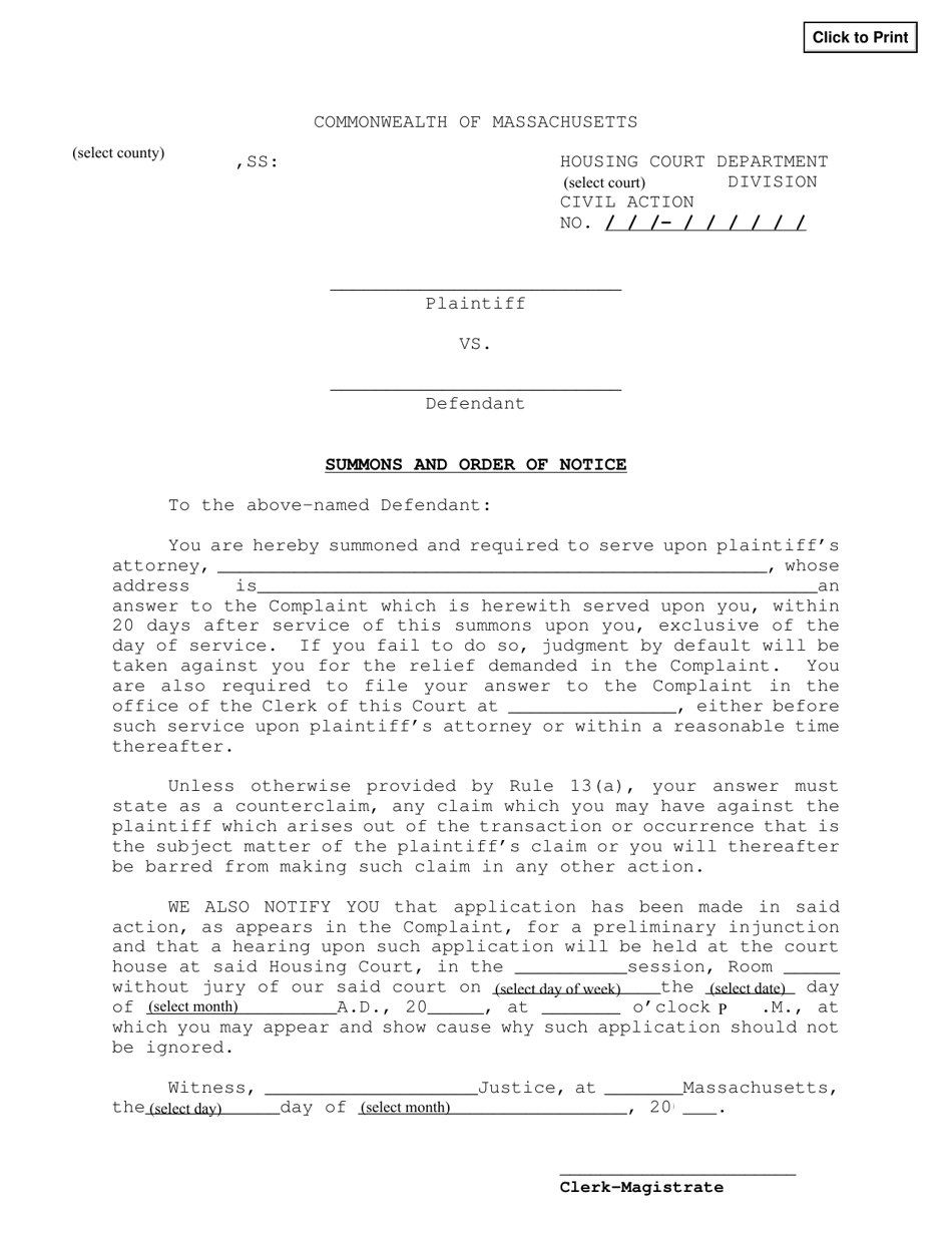Summons and Order of Notice - Massachusetts, Page 1