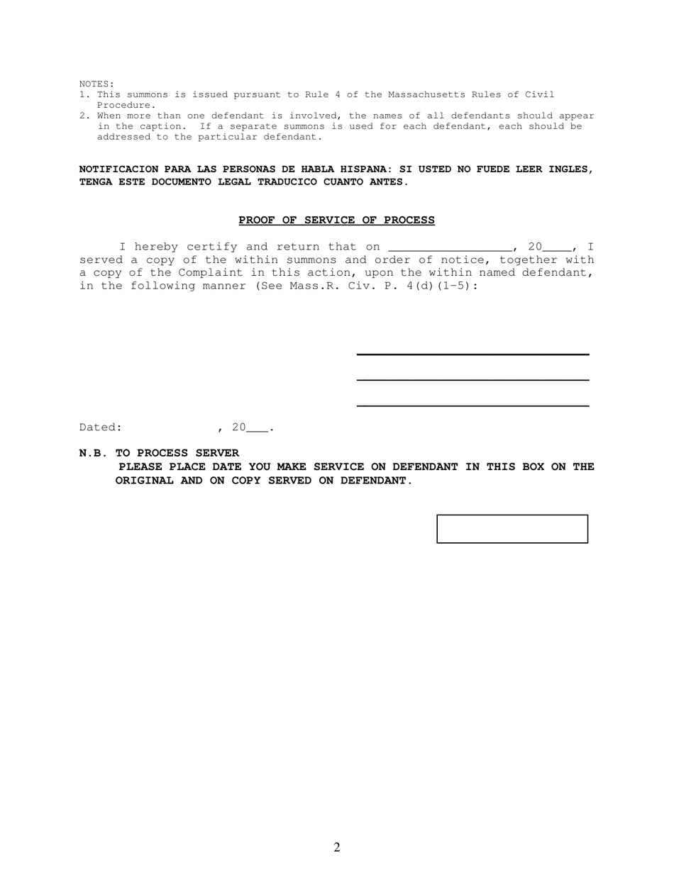Summons and Order of Notice - Massachusetts, Page 2