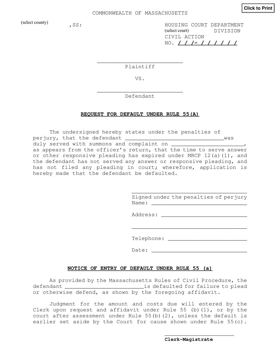 Request for Default Under Rule 55(A) - Massachusetts, Page 1