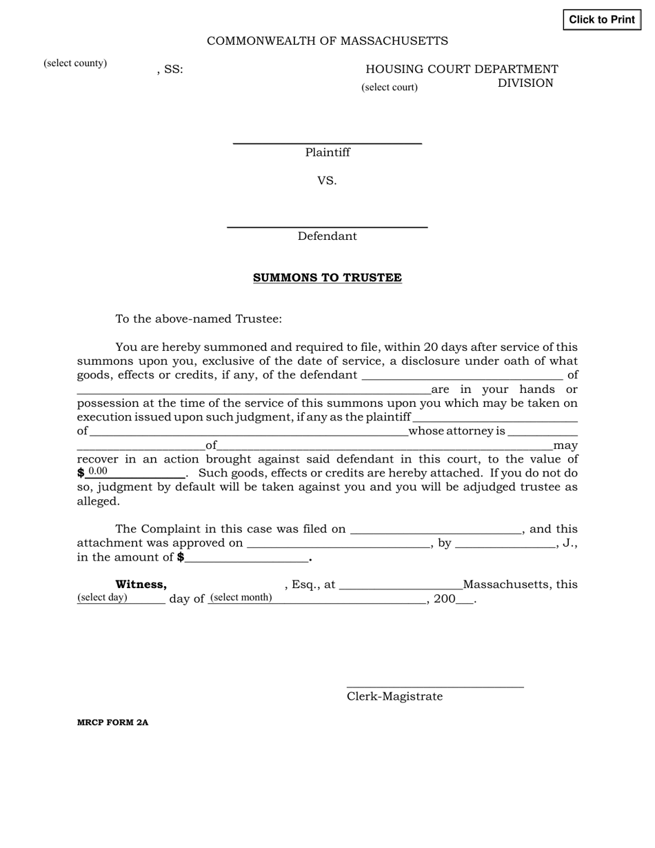 MRCP Form 2A Summons to Trustee - Massachusetts, Page 1
