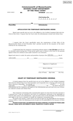 Form II &quot;Application for Temporary Restraining Order&quot; - Massachusetts