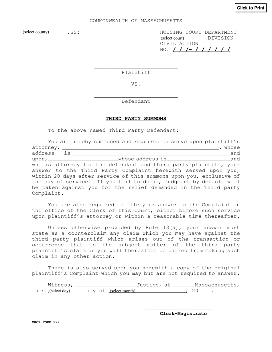 MRCP Form 22A Third Party Summons - Massachusetts, Page 1