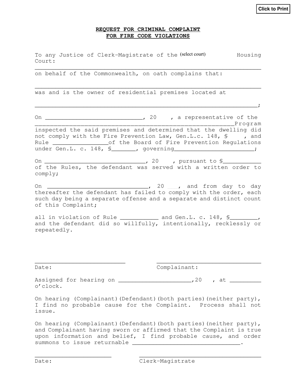 Request for Criminal Complaint for Fire Code Violations - Massachusetts, Page 1