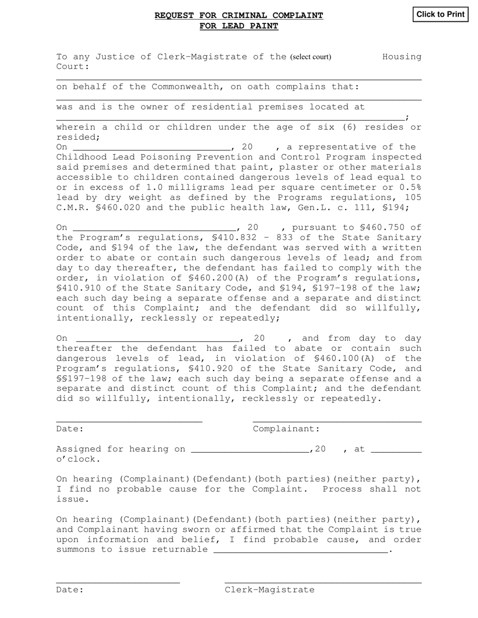 Massachusetts Request For Criminal Complaint For Lead Paint Fill Out   Request For Criminal Complaint For Lead Paint Massachusetts Print Big 