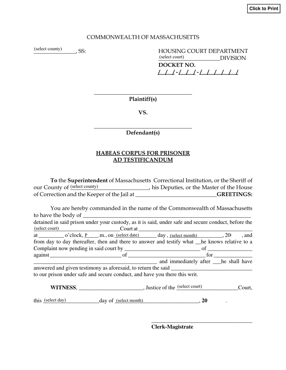 Habeas Corpus for Prisoner Ad Testificandum - Massachusetts, Page 1