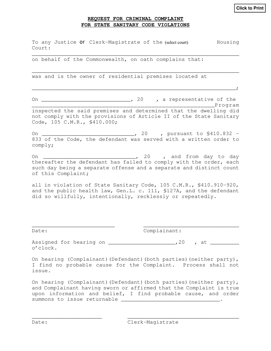 Request for Criminal Complaint for State Sanitary Code Violations - Massachusetts, Page 1