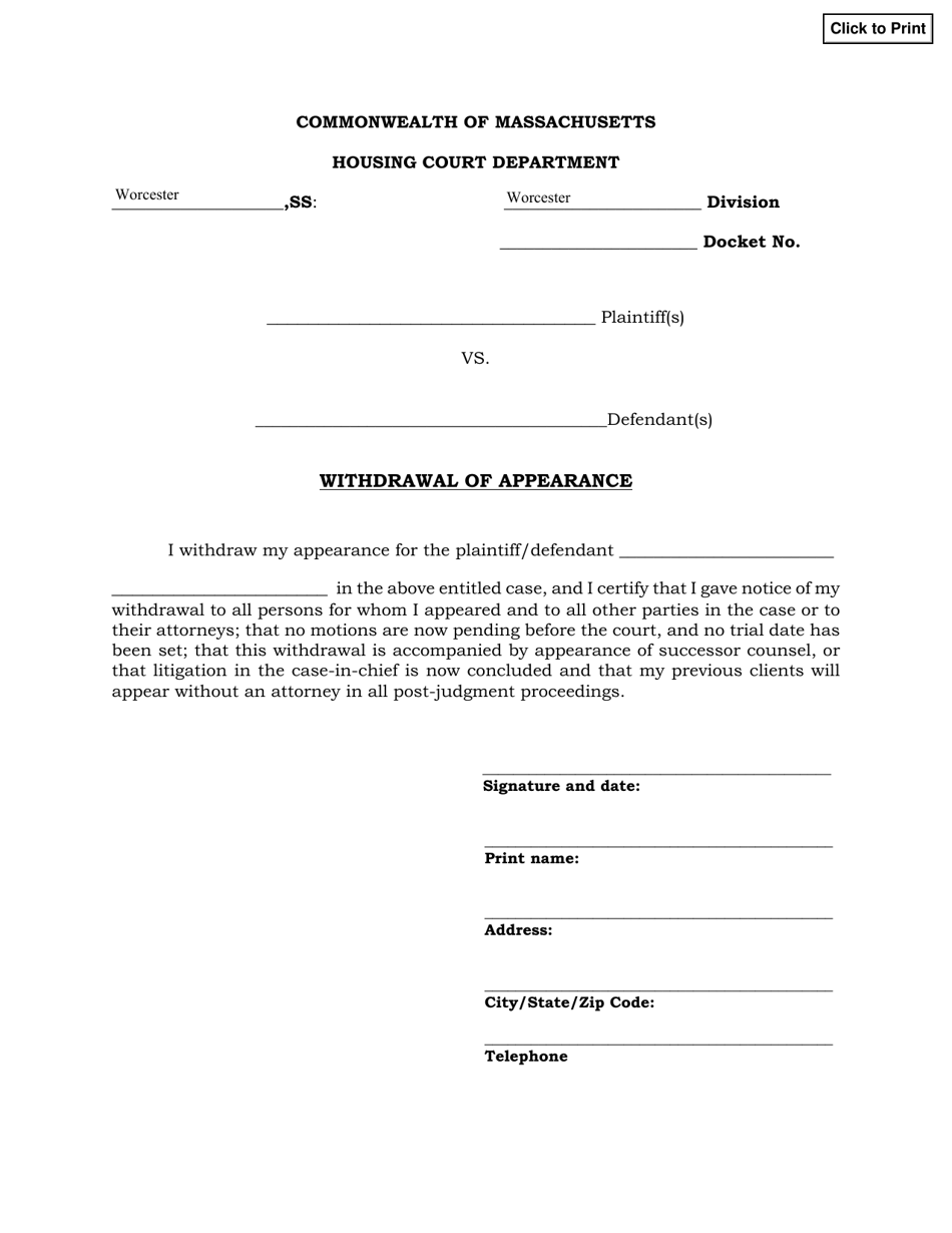 Withdrawal of Appearance - Massachusetts, Page 1