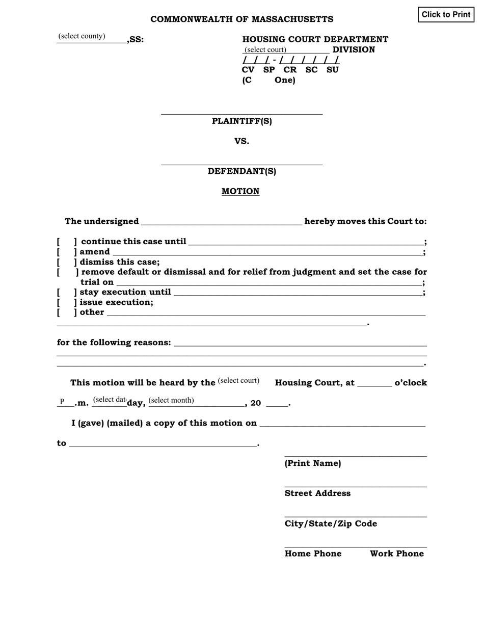 Massachusetts Motion Fill Out Sign Online And Download PDF 