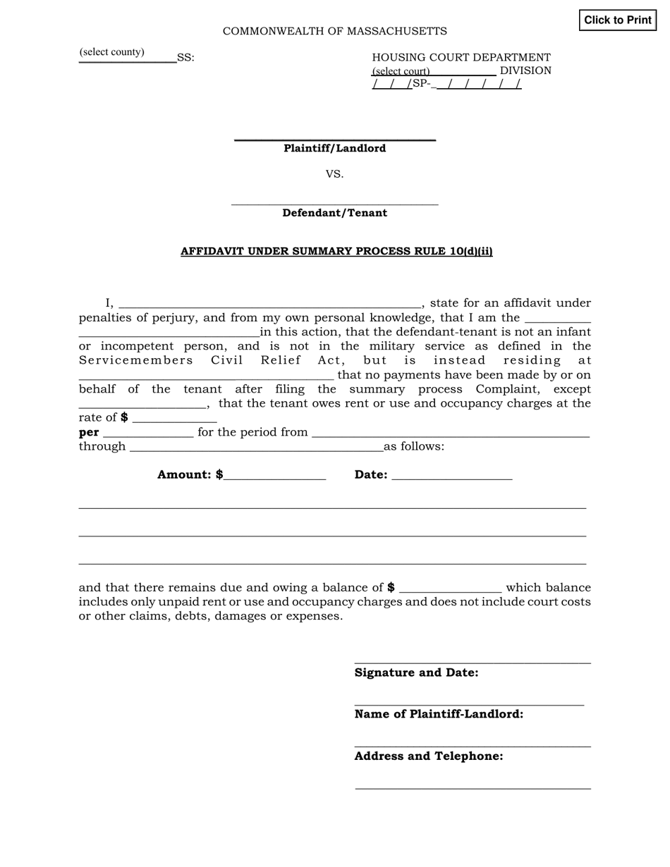 Affidavit Under Summary Process Rule 10(D)(II) - Massachusetts, Page 1