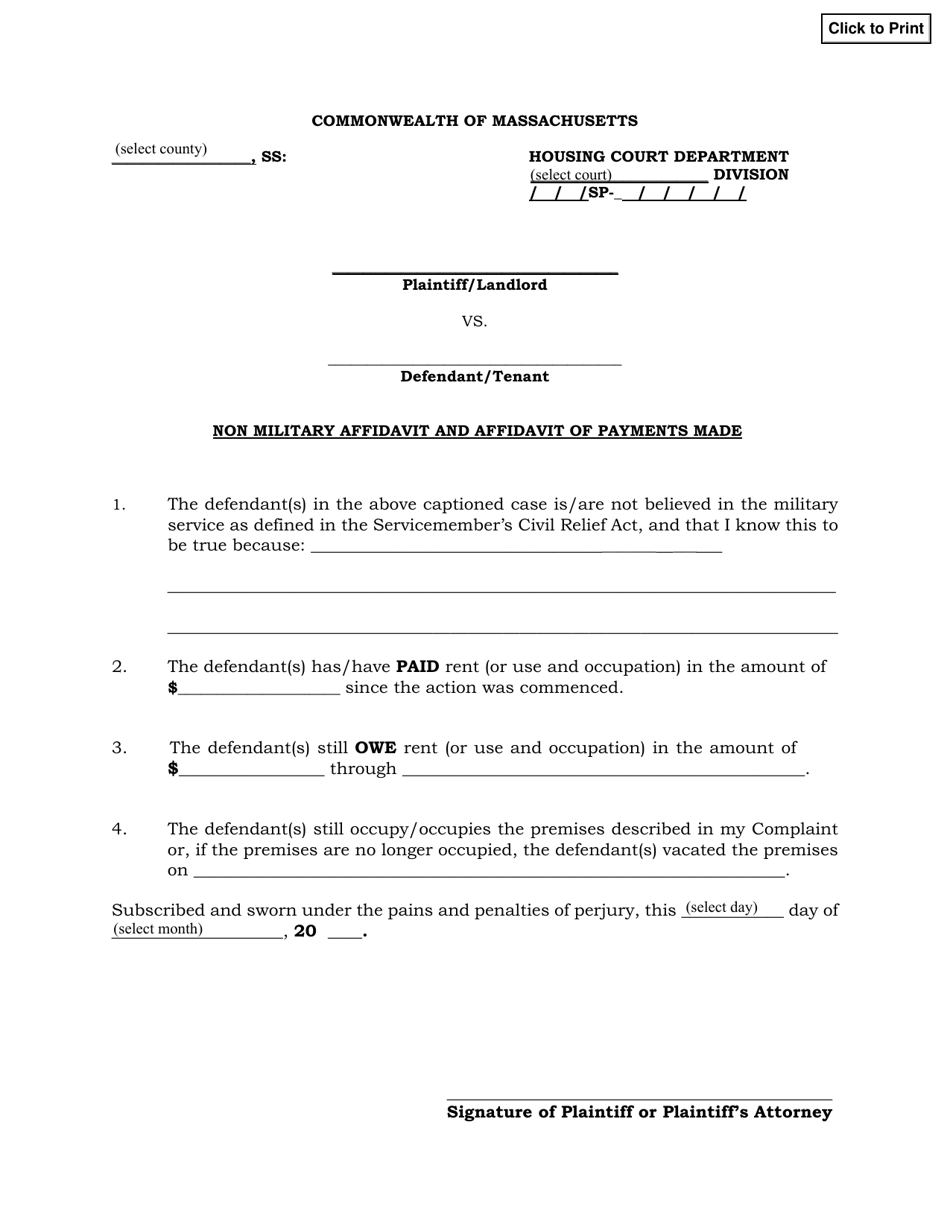 Non Military Affidavit and Affidavit of Payments Made - Massachusetts, Page 1