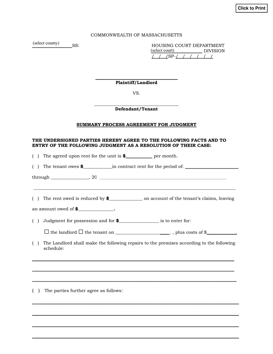 Summary Process Agreement for Judgment - Massachusetts, Page 1