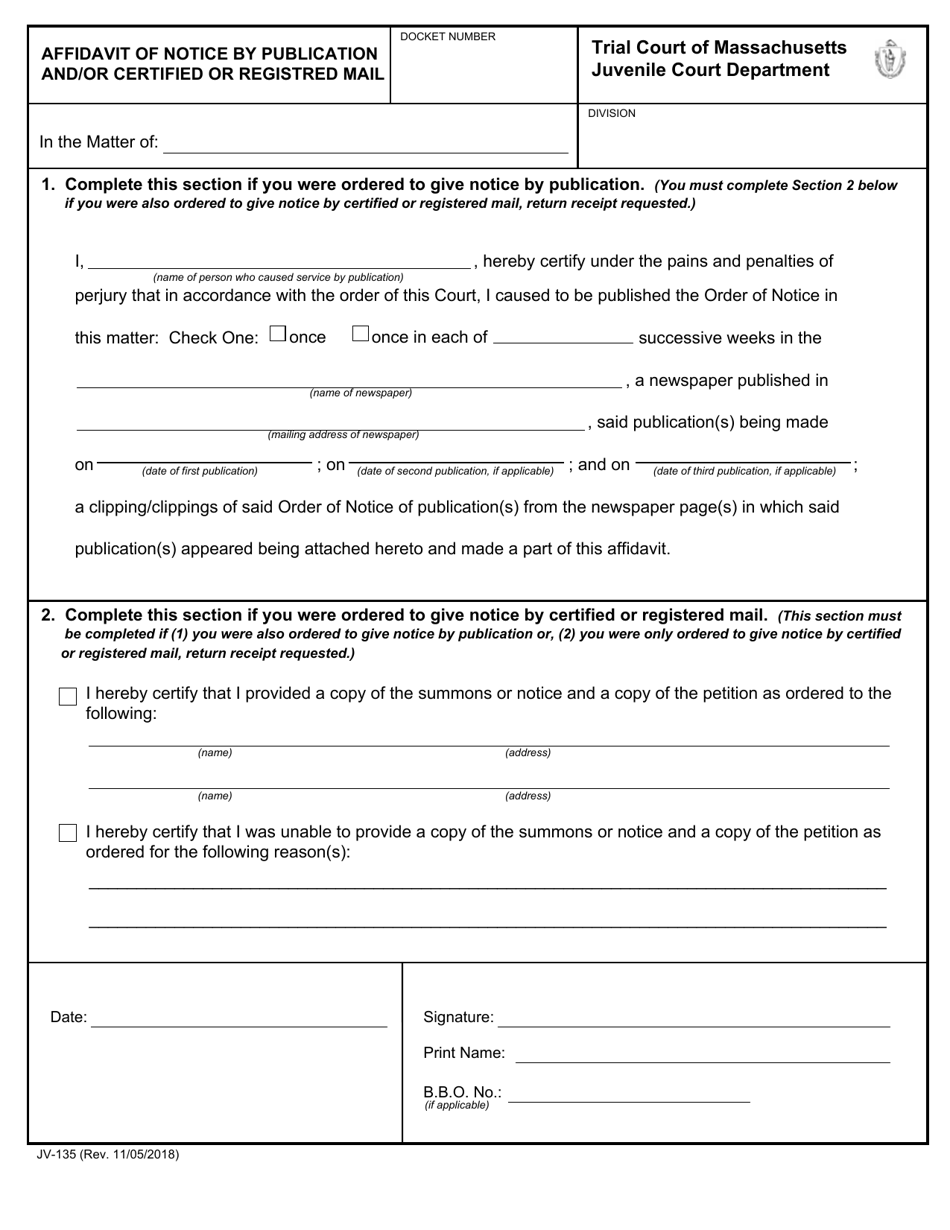 Form JV-135 Affidavit of Notice by Publication and / or Certified or Registred Mail - Massachusetts, Page 1