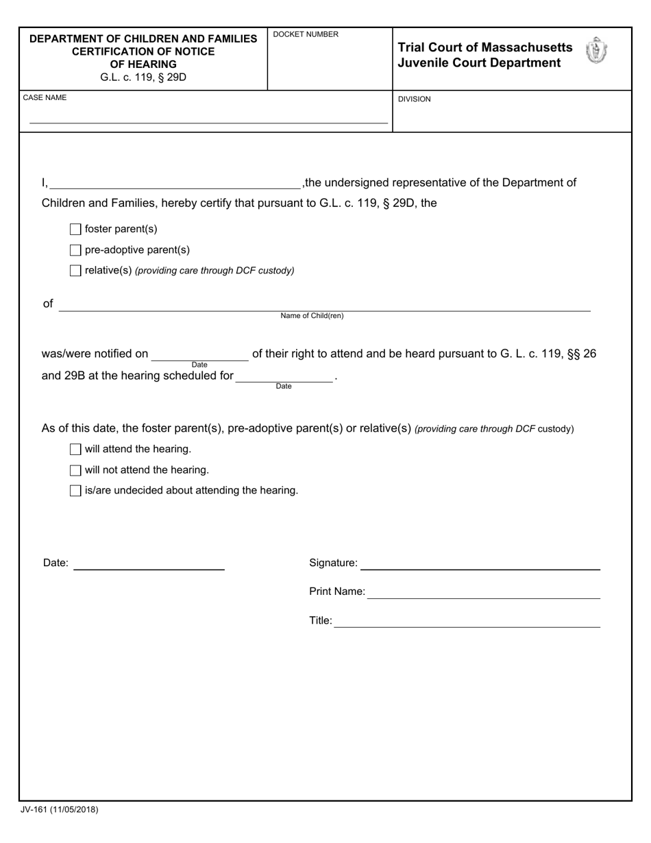 Form JV-161 Department of Children and Families Certification of Notice of Hearing - Massachusetts, Page 1