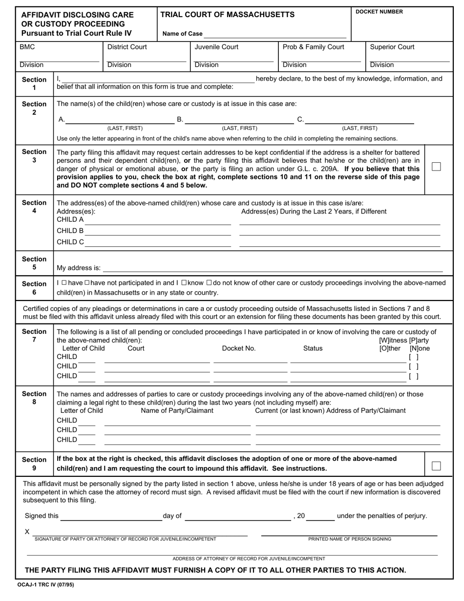 Form OCAJ-1 TRC IV Affidavit Disclosing Care or Custody Proceeding Pursuant to Trial Court Rule Iv - Massachusetts, Page 1