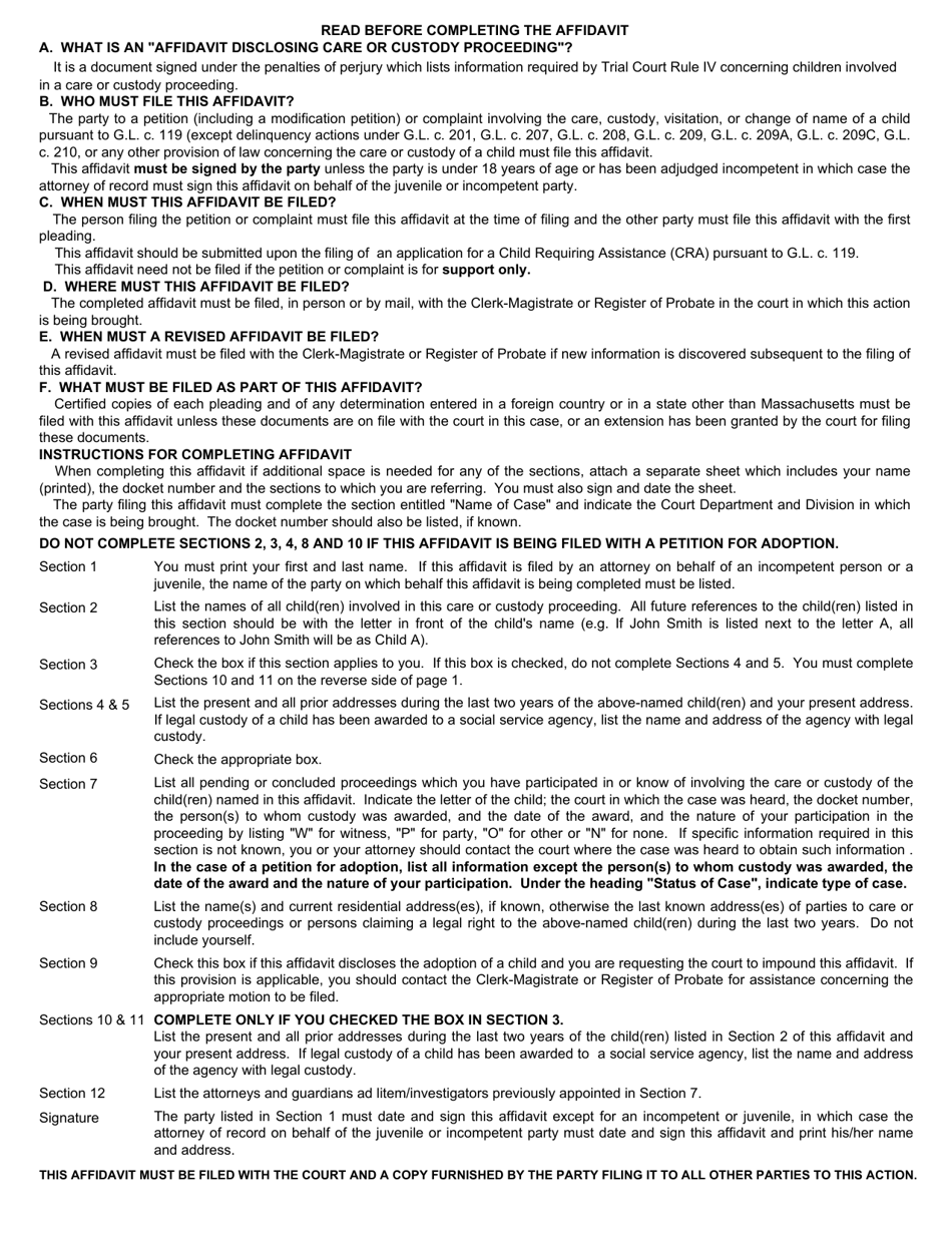 Form OCAJ-1 TRC IV Affidavit Disclosing Care or Custody Proceeding Pursuant to Trial Court Rule Iv - Massachusetts, Page 3