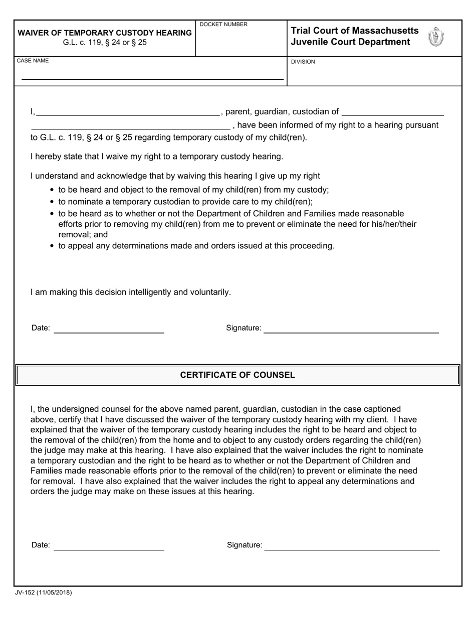 Form JV-152 Waiver of Temporary Custody Hearing - Massachusetts, Page 1