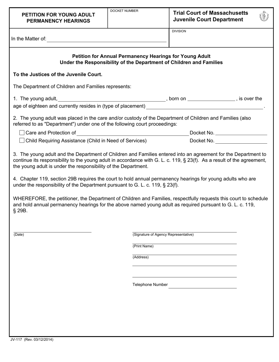 Form JV-117 Petition for Young Adult Permanency Hearings - Massachusetts, Page 1