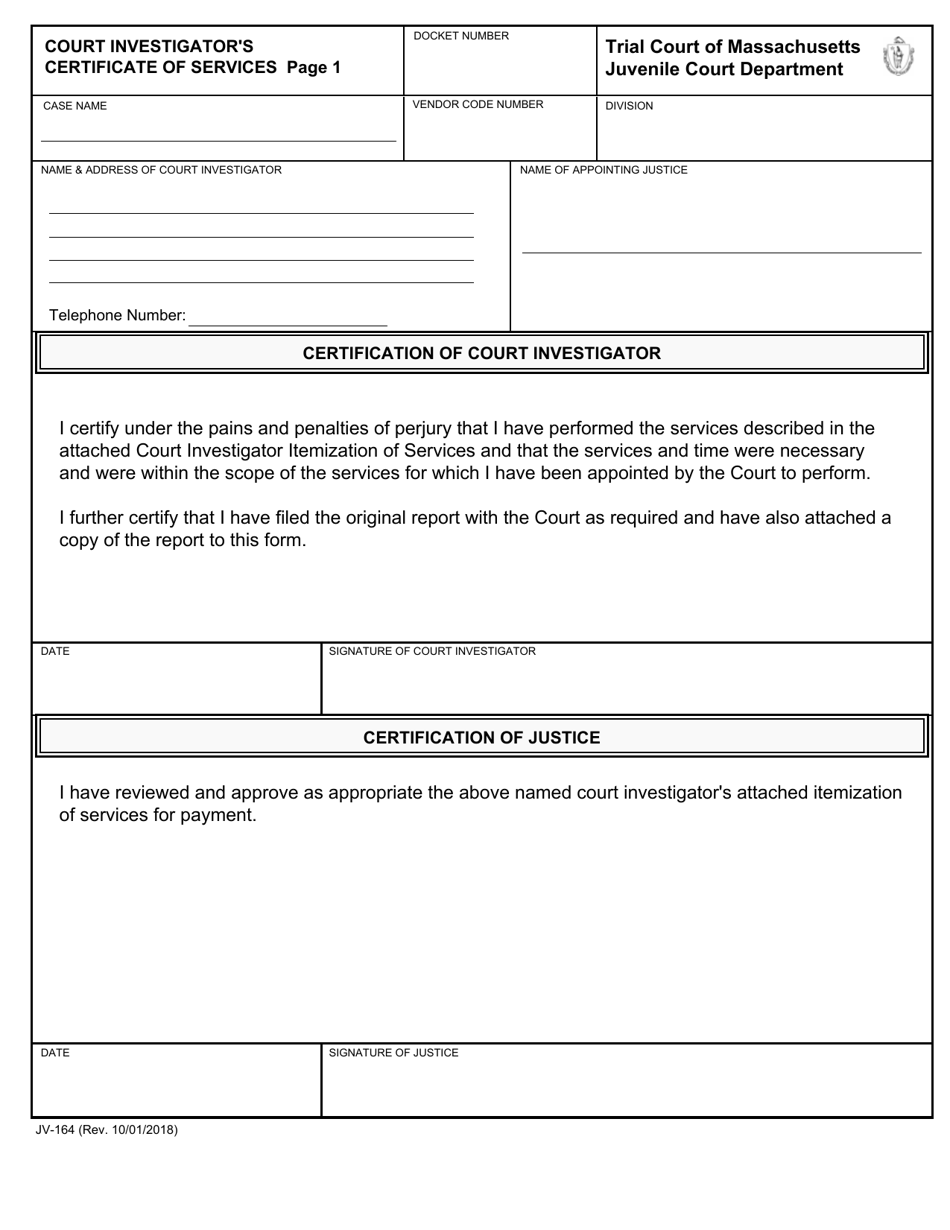 Form JV-164 Court Investigators Certificate of Services - Massachusetts, Page 1