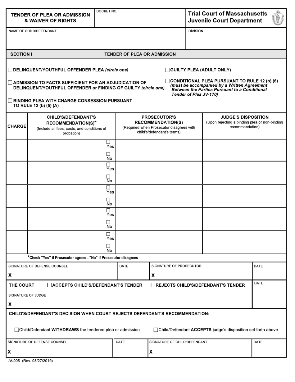 Form JV-005 Tender of Plea or Admission  Waiver of Rights - Massachusetts, Page 1