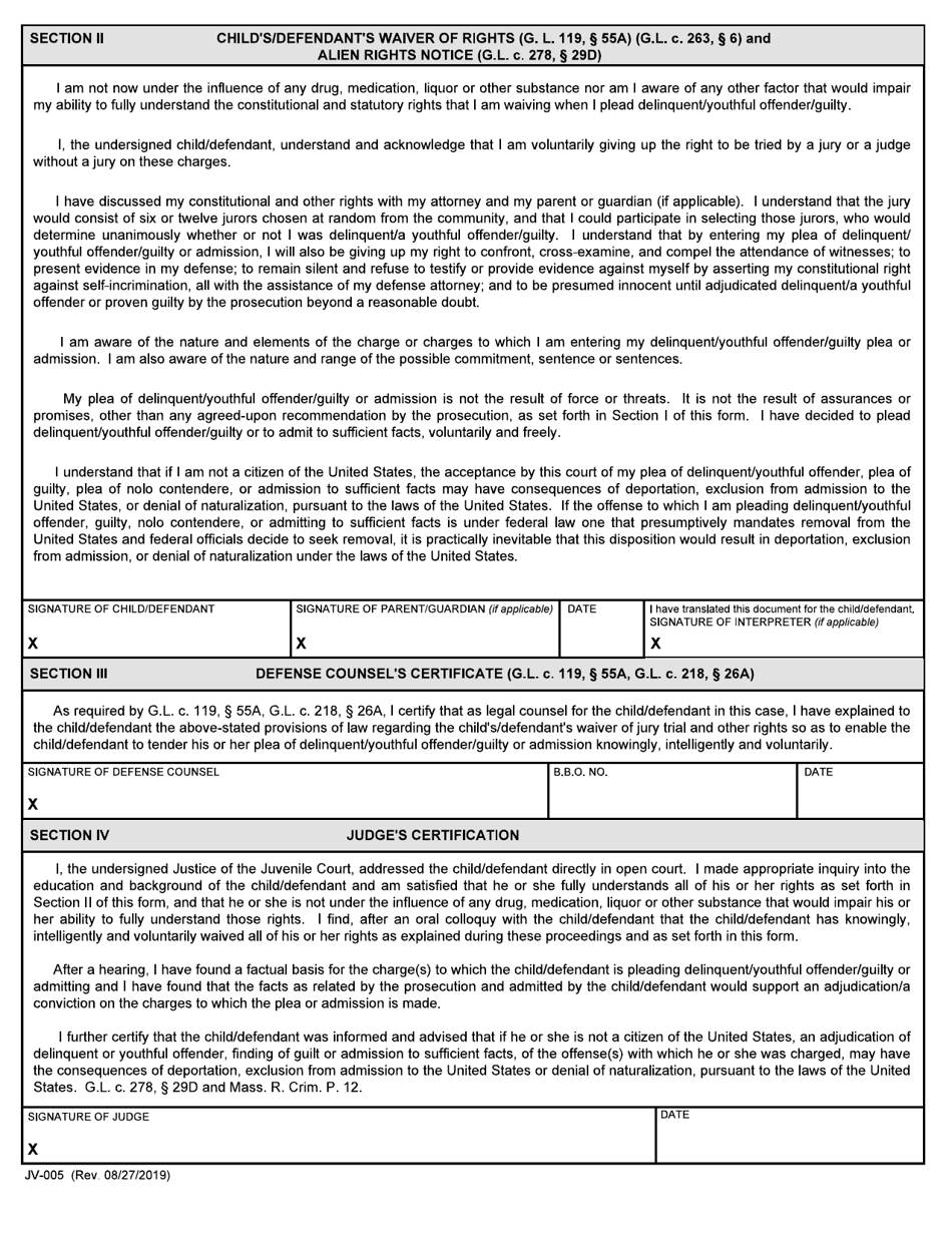 Form JV-005 Tender of Plea or Admission  Waiver of Rights - Massachusetts, Page 2