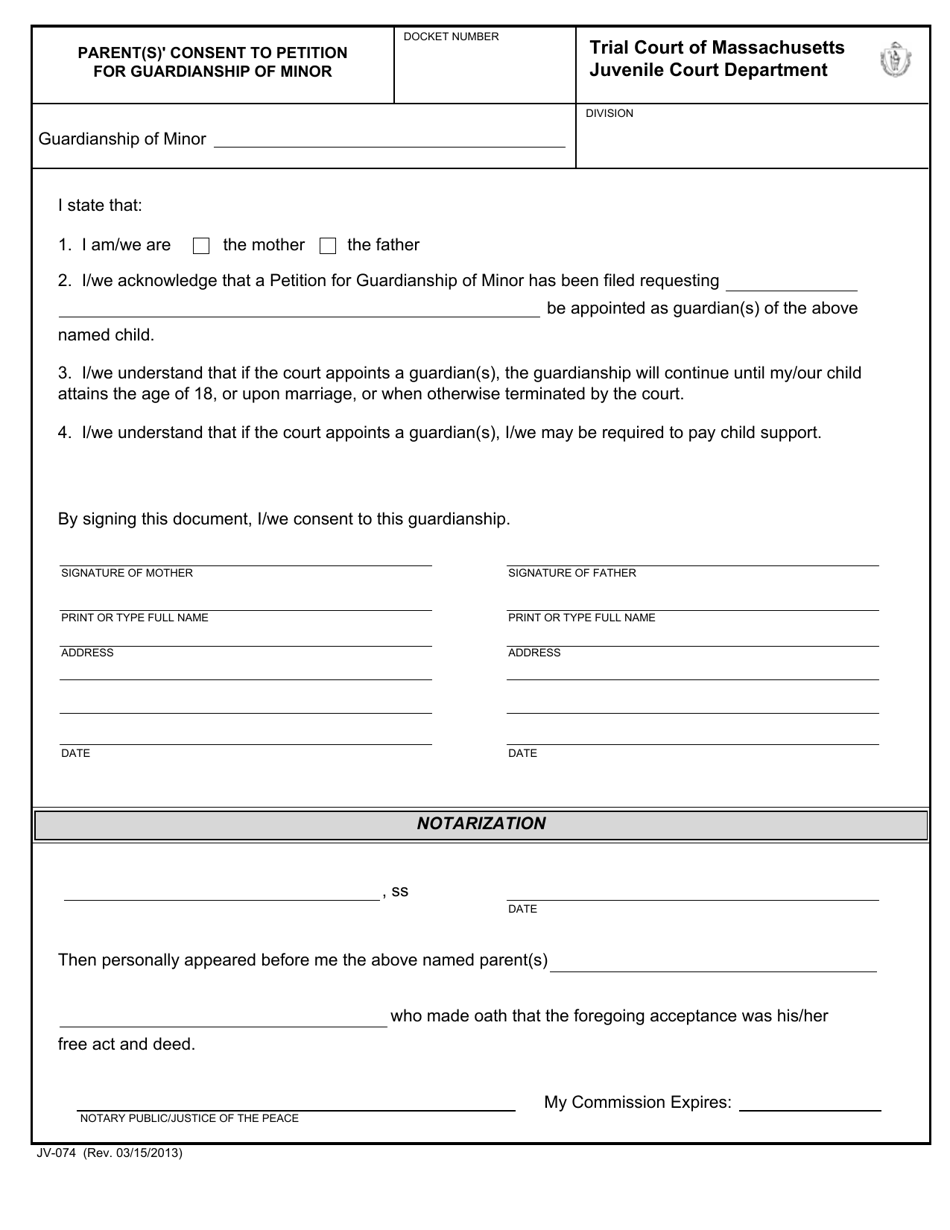 Form JV-074 Parent(S) Consent to Petition for Guardianship of Minor - Massachusetts, Page 1