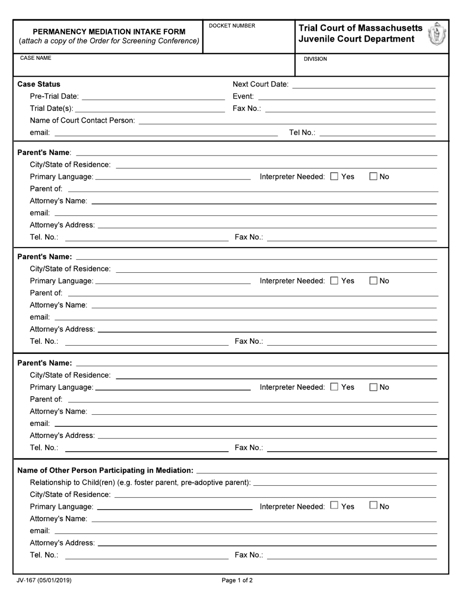 Form JV-167 Permanency Mediation Intake Form - Massachusetts, Page 1