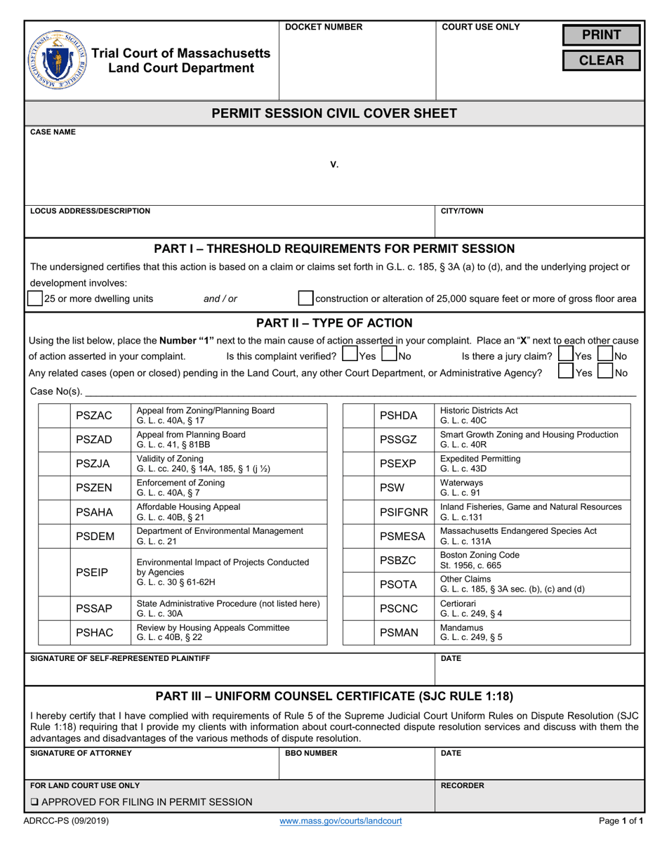 Permit Session Civil Cover Sheet - Massachusetts, Page 1
