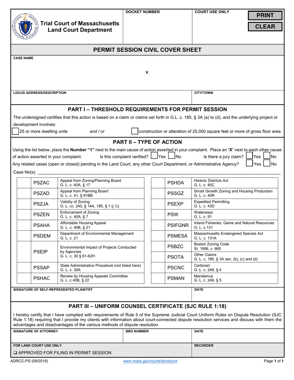 Massachusetts Permit Session Civil Cover Sheet Download Fillable Pdf Templateroller