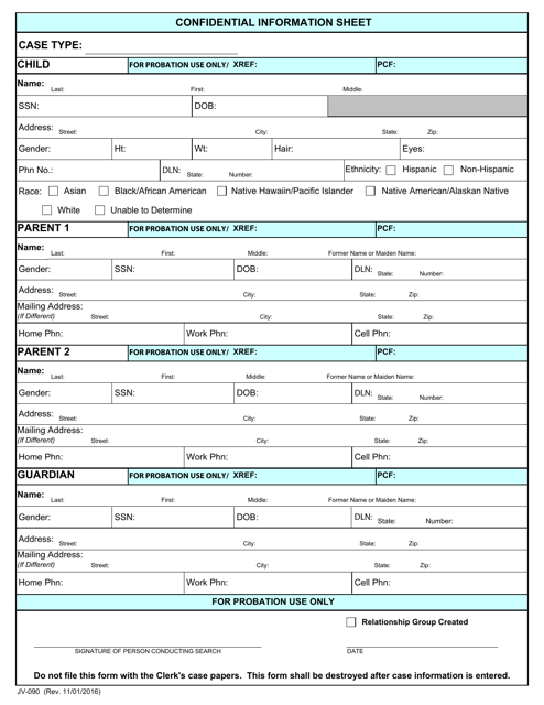 Form JV-090 Confidential Information Sheet - Massachusetts