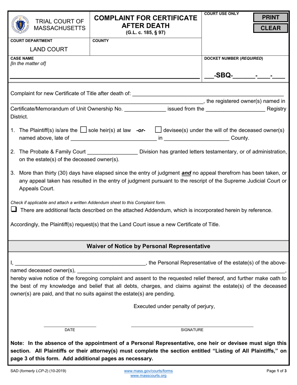 Form SAD Complaint for Certificate After Death - Massachusetts, Page 1