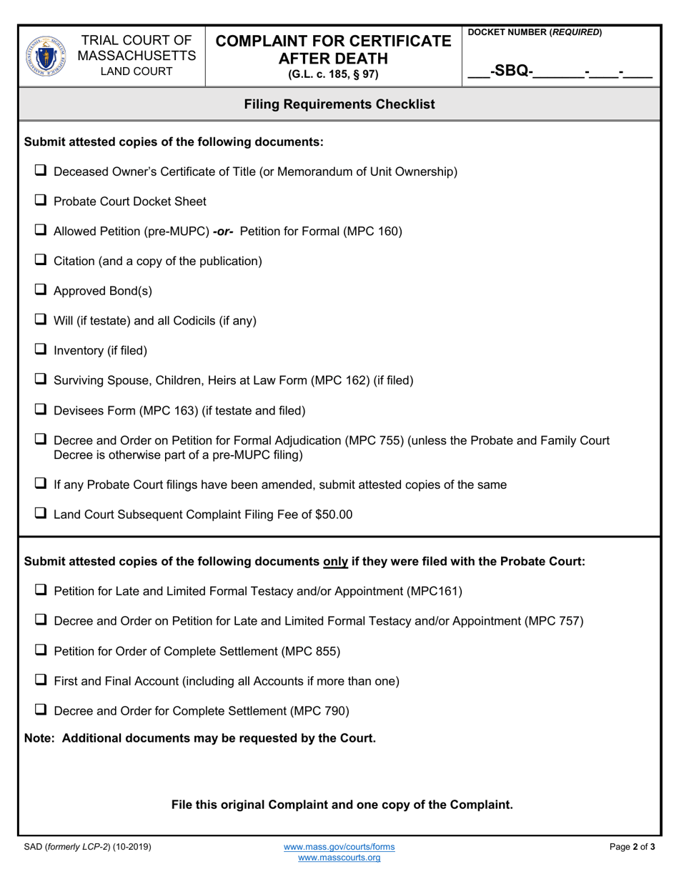 Form SAD Complaint for Certificate After Death - Massachusetts, Page 2