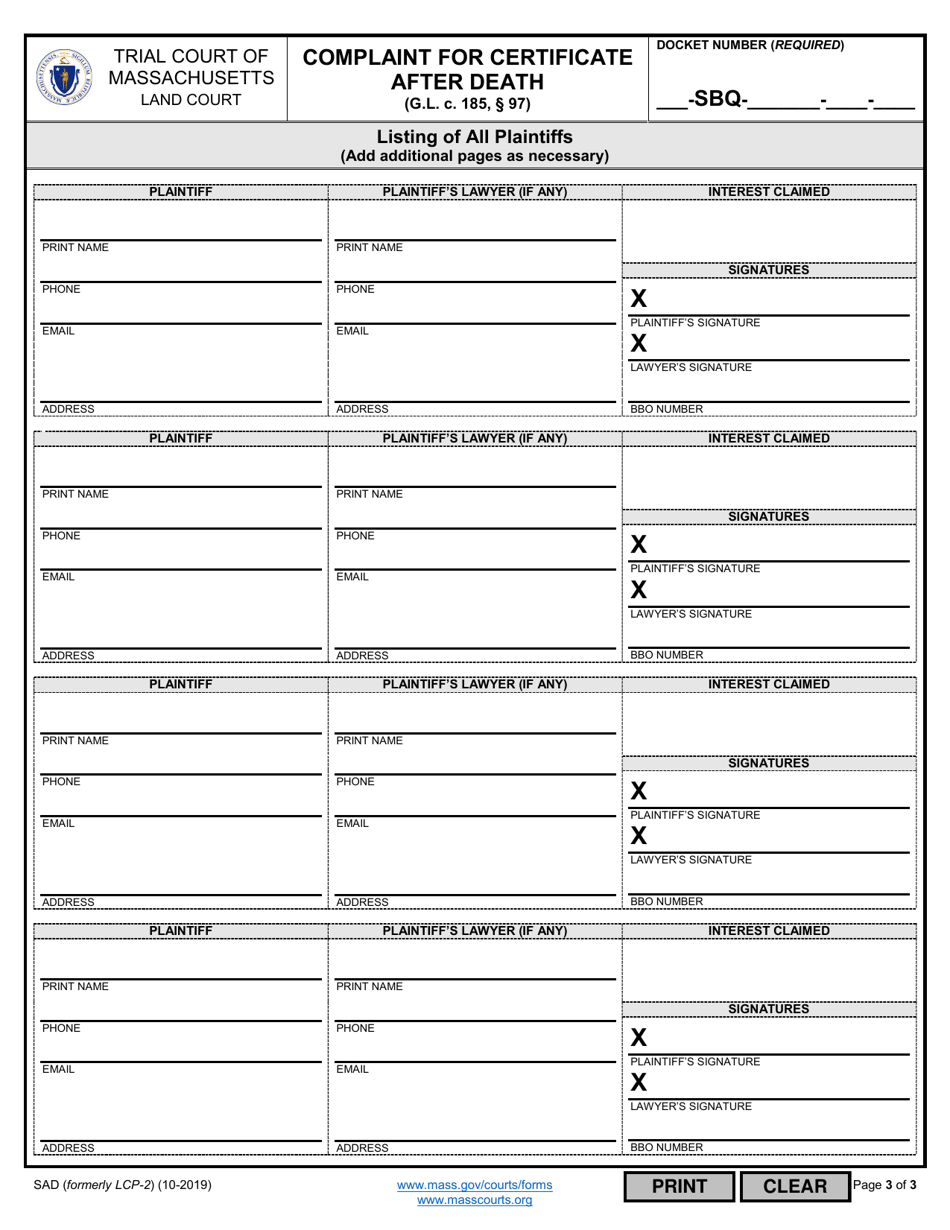 Form SAD Complaint for Certificate After Death - Massachusetts, Page 3