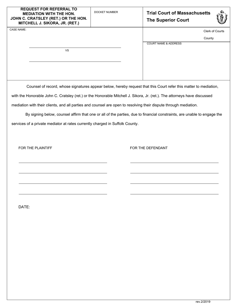 Request for Referral to Mediation With the Honorable John Cratsley (Ret.) or the Honorable Mitchell J. Sikora, Jr. (Ret.) - Massachusetts, Page 1