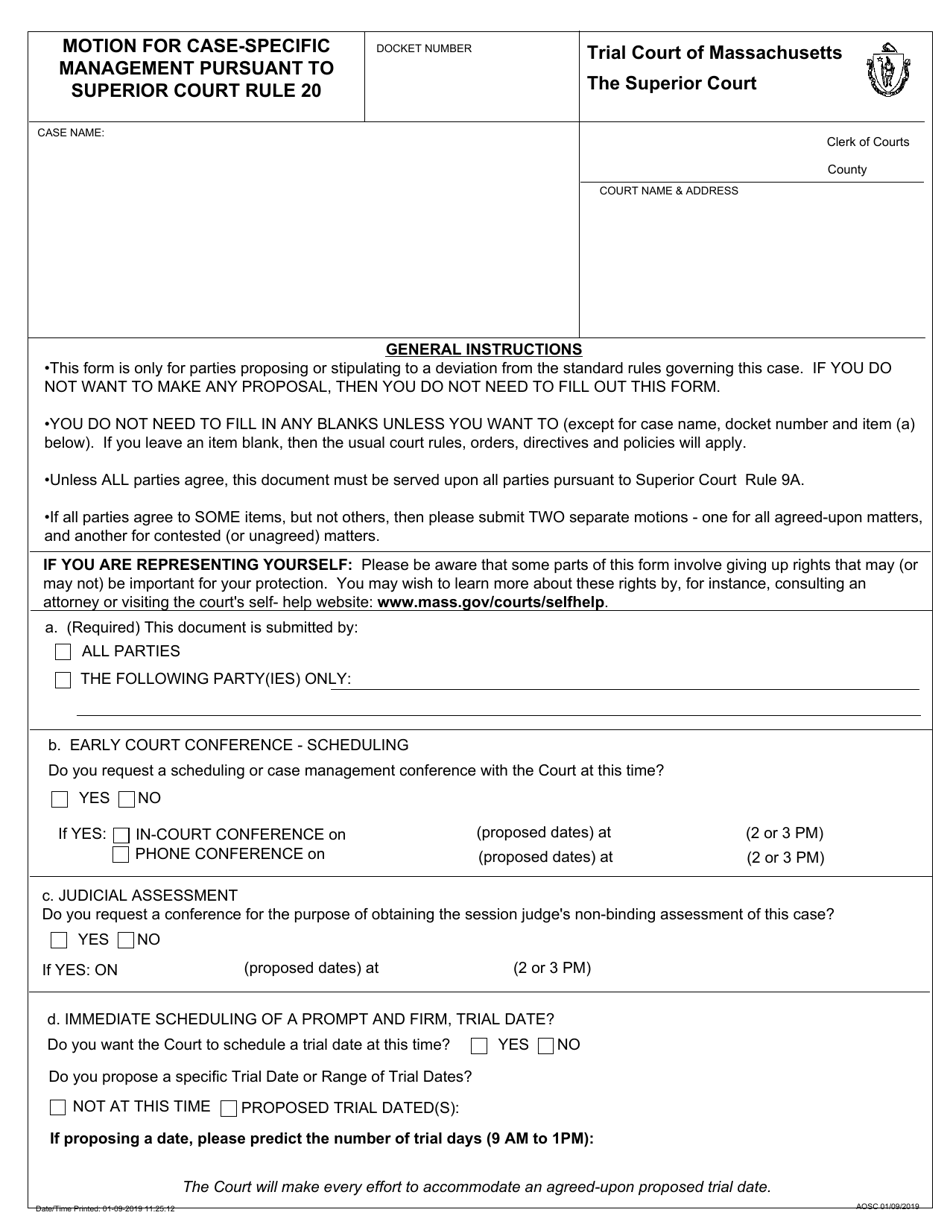 Massachusetts Motion For Case Specific Management Pursuant To Superior 