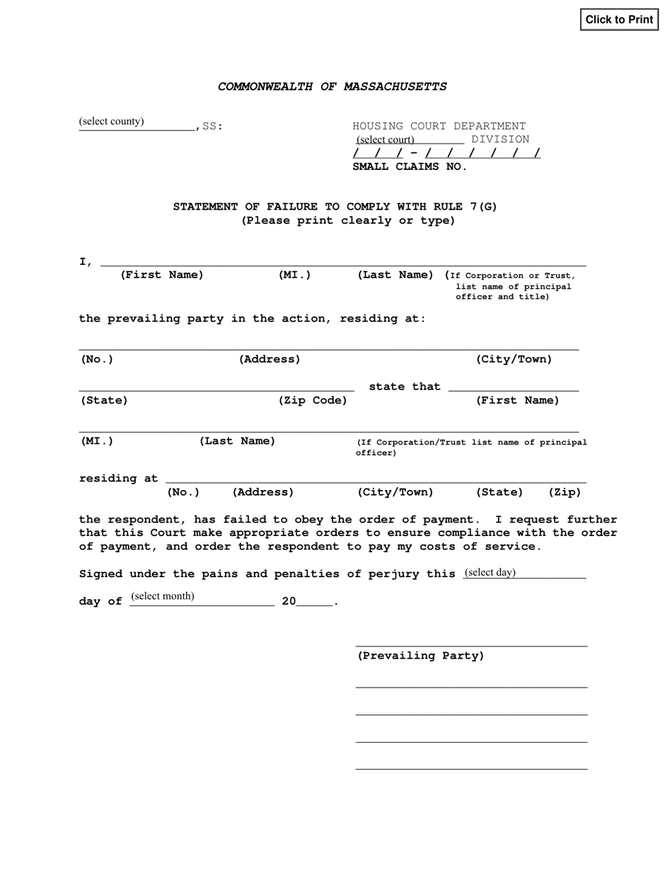 Statement of Failure to Comply With Rule 7(G) - Massachusetts, Page 1