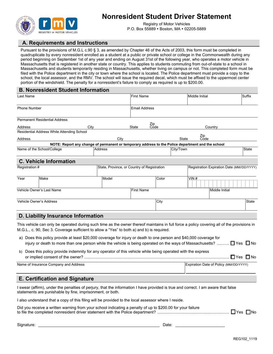 Form REG102 Nonresident Student Driver Statement - Massachusetts, Page 1