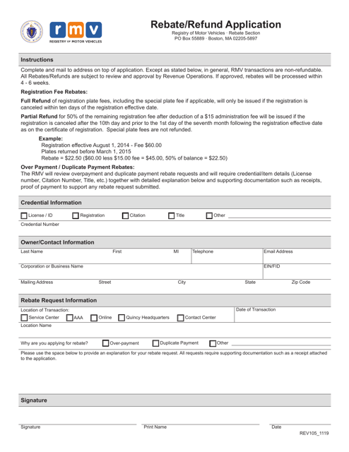 Form REV105 Rebate/Refund Application - Massachusetts