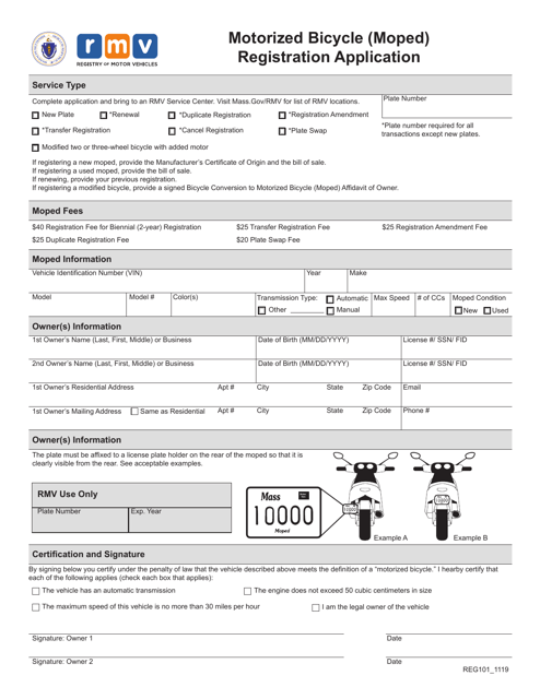 Form REG101 Motorized Bicycle (Moped) Registration Application - Massachusetts