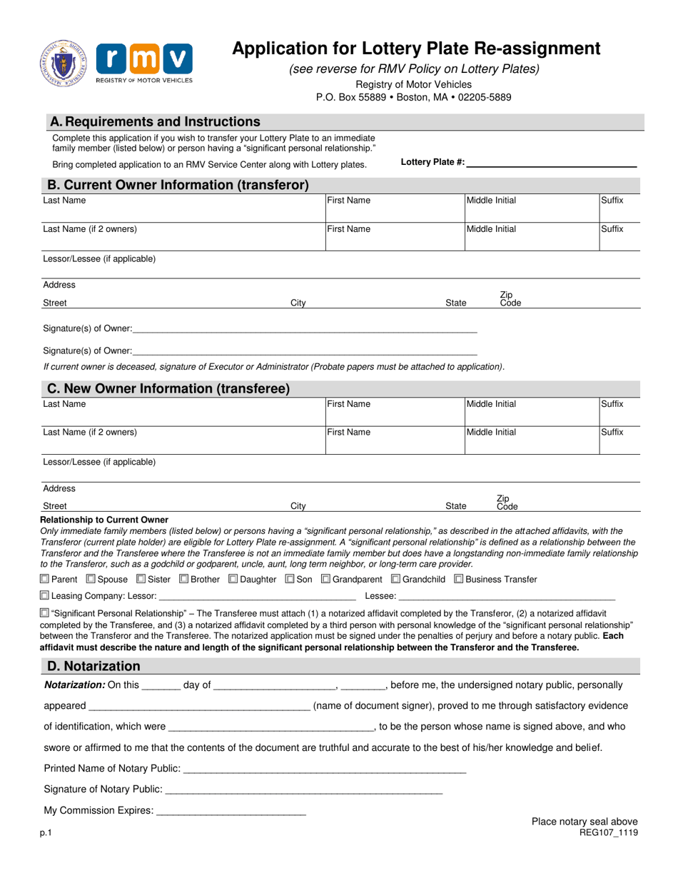 Form REG107 Application for Lottery Plate Re-assignment - Massachusetts, Page 1