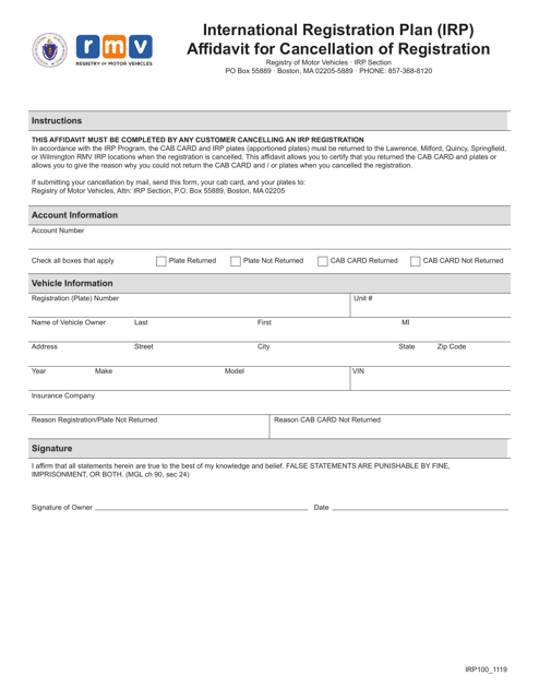 Form IRP100 International Registration Plan (Irp) Affidavit for Cancellation of Registration - Massachusetts